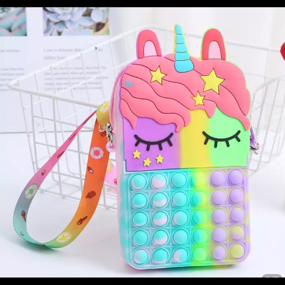 New pop it unicorn crossbody purse plastic fidget toy rainbow